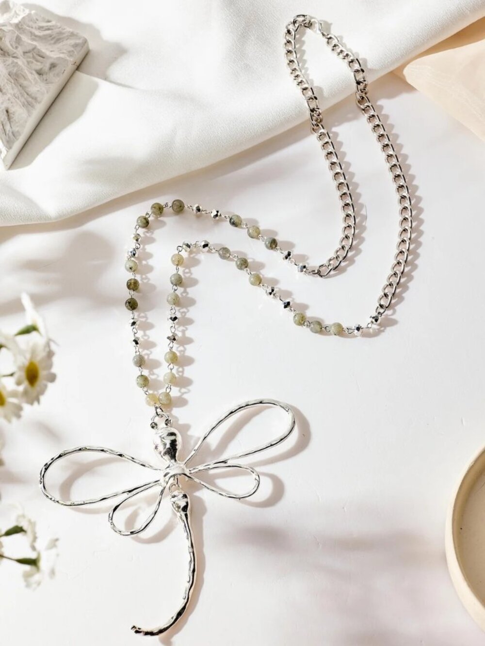 Beaded Chain Dragonfly in Flight Inspirational Botanical Nature Silver Necklace